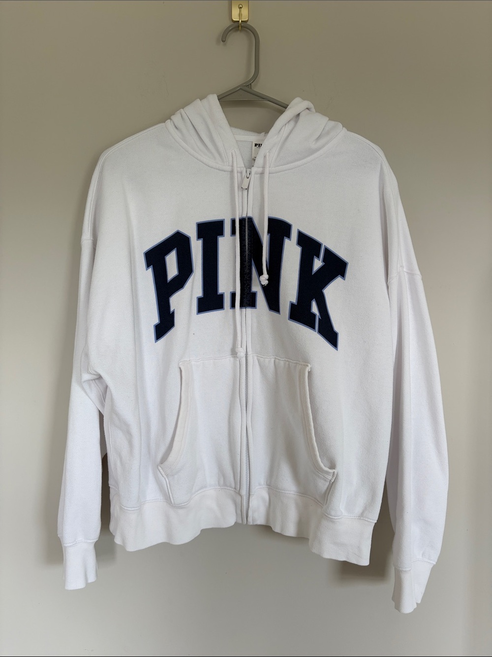 Vintage PINK Victoria's Secret White Full-Zip Hoodie with Navy Logo